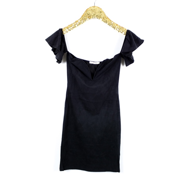 Black Off shoulder Faux Suede Bodycon Party Dress - Picture 4 of 6